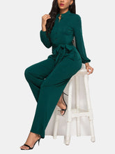 Women Solid Color Long Sleeve Waist Belt Stand Collar Plus Size Jumpsuit